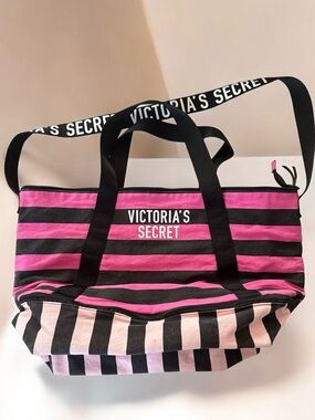Victoria's Secret Pink & Black Striped Canvas Tote with Logo Strap